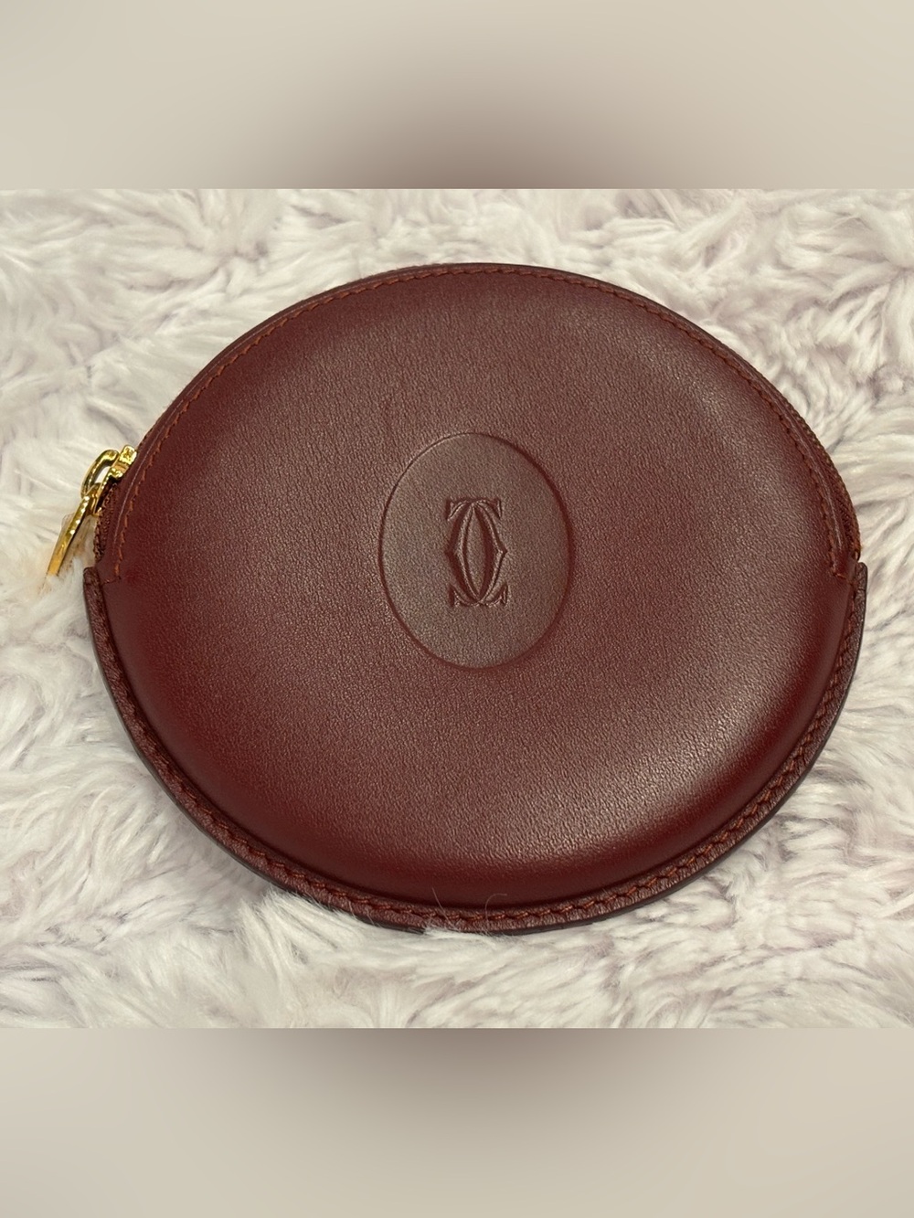 Cartier "Must de Cartier" Round Coin Pouch, Bordeaux Red, EXCELLENT Cond., 4"
